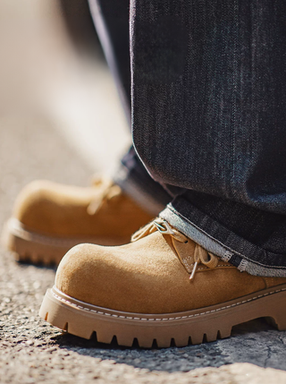 Madden Brown Derby Rhubarb Boots Low Platform American Heightened Elevated Commuter Workwear Big Round Head Male Model Shoes