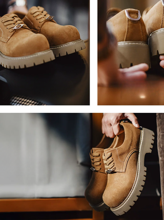 Madden Brown Derby Rhubarb Boots Low Platform American Heightened Elevated Commuter Workwear Big Round Head Male Model Shoes