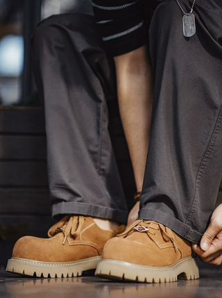Madden Brown Derby Rhubarb Boots Low Platform American Heightened Elevated Commuter Workwear Big Round Head Male Model Shoes