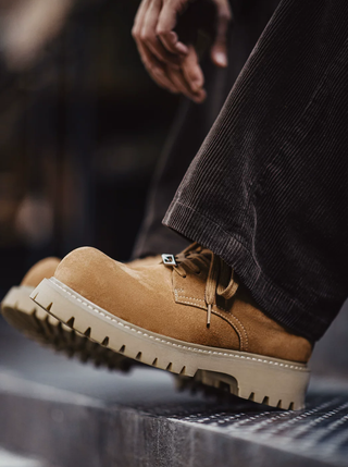 Madden Brown Derby Rhubarb Boots Low Platform American Heightened Elevated Commuter Workwear Big Round Head Male Model Shoes