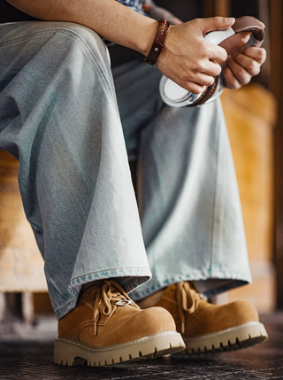 Madden Brown Derby Rhubarb Boots Low Platform American Heightened Elevated Commuter Workwear Big Round Head Male Model Shoes