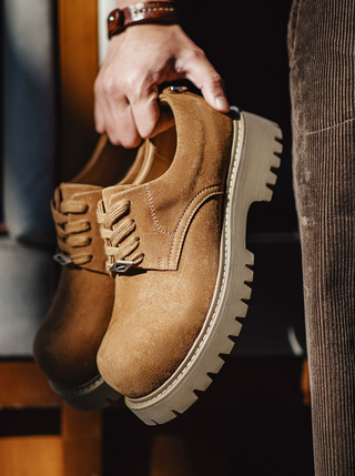 Madden Brown Derby Rhubarb Boots Low Platform American Heightened Elevated Commuter Workwear Big Round Head Male Model Shoes